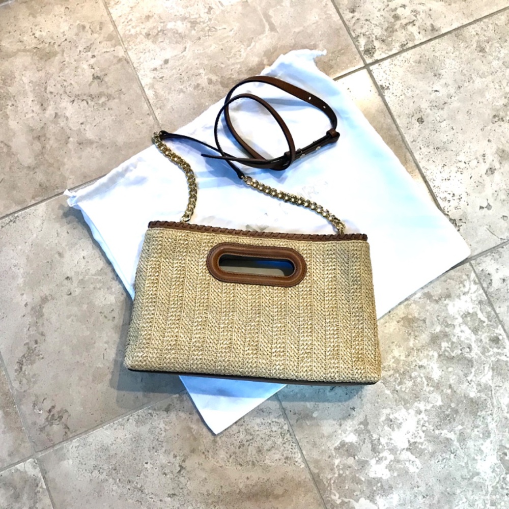 Michael Kors Straw Crossbody Bag with Brown Trim and Gold Chain - Picture 2 of 5